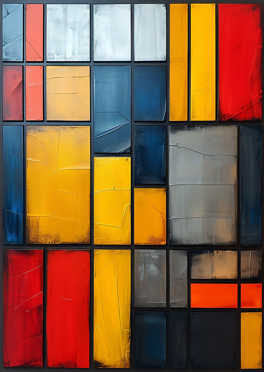 Abstract artwork featuring vibrant geometric colour blocks in red, yellow, blue, and grey.