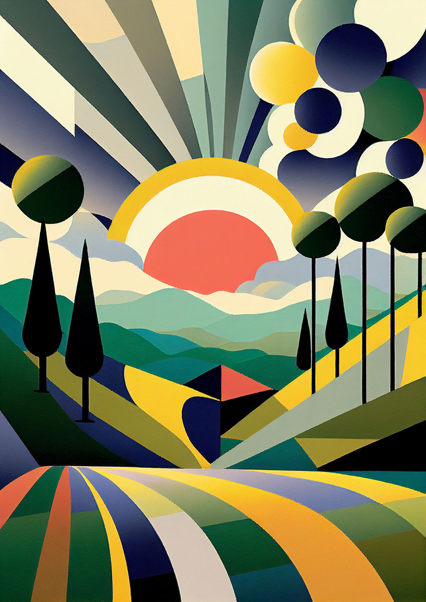 Vibrant geometric landscape artwork featuring abstract shapes and bold colours under a stylised sun.