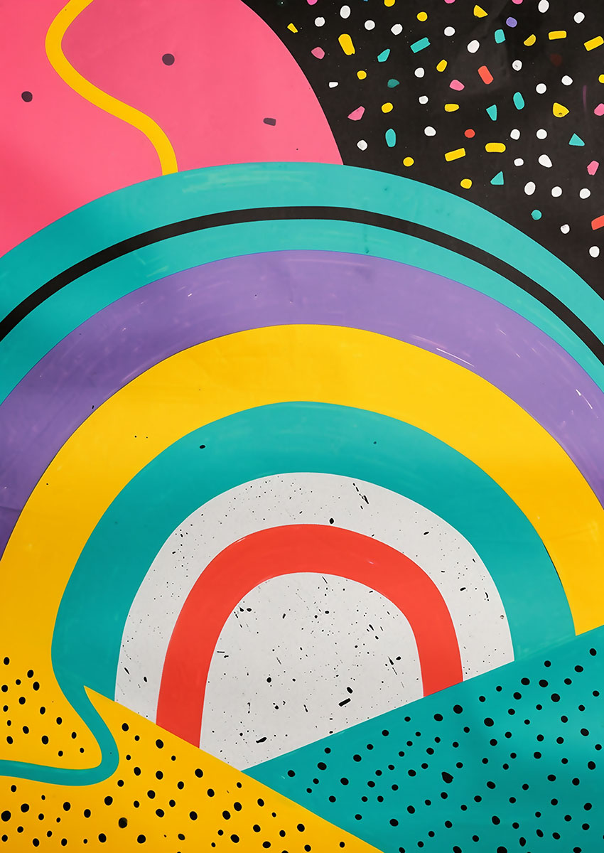 Vibrant abstract rainbow artwork featuring layered colour arcs on a black background