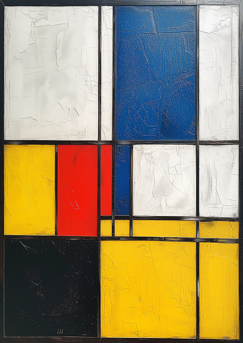 Vibrant abstract geometric artwork with blocks of red, blue, yellow, and white on a black background.