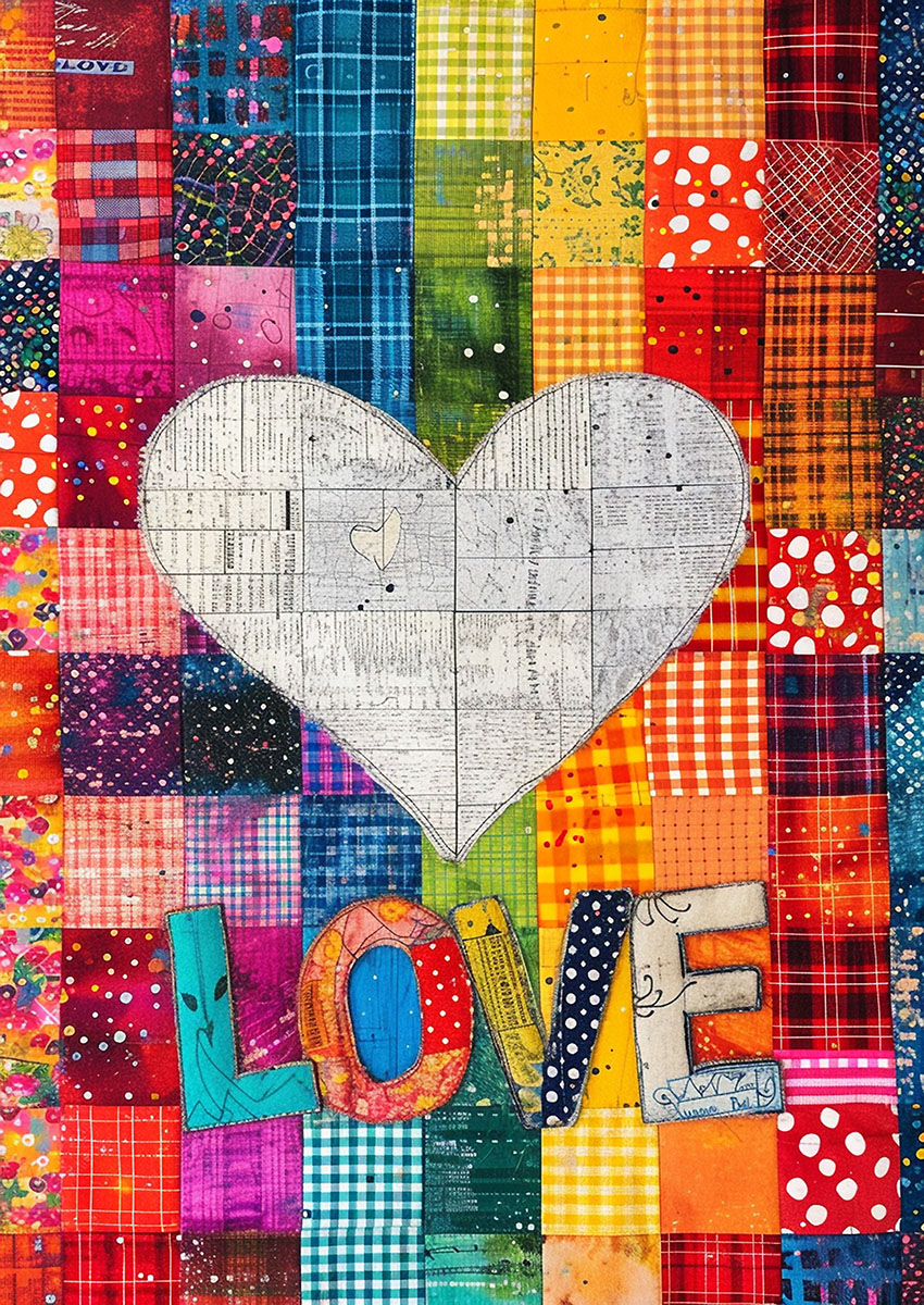 Vibrant patchwork artwork featuring a heart and 'LOVE' in bold colours and textures.