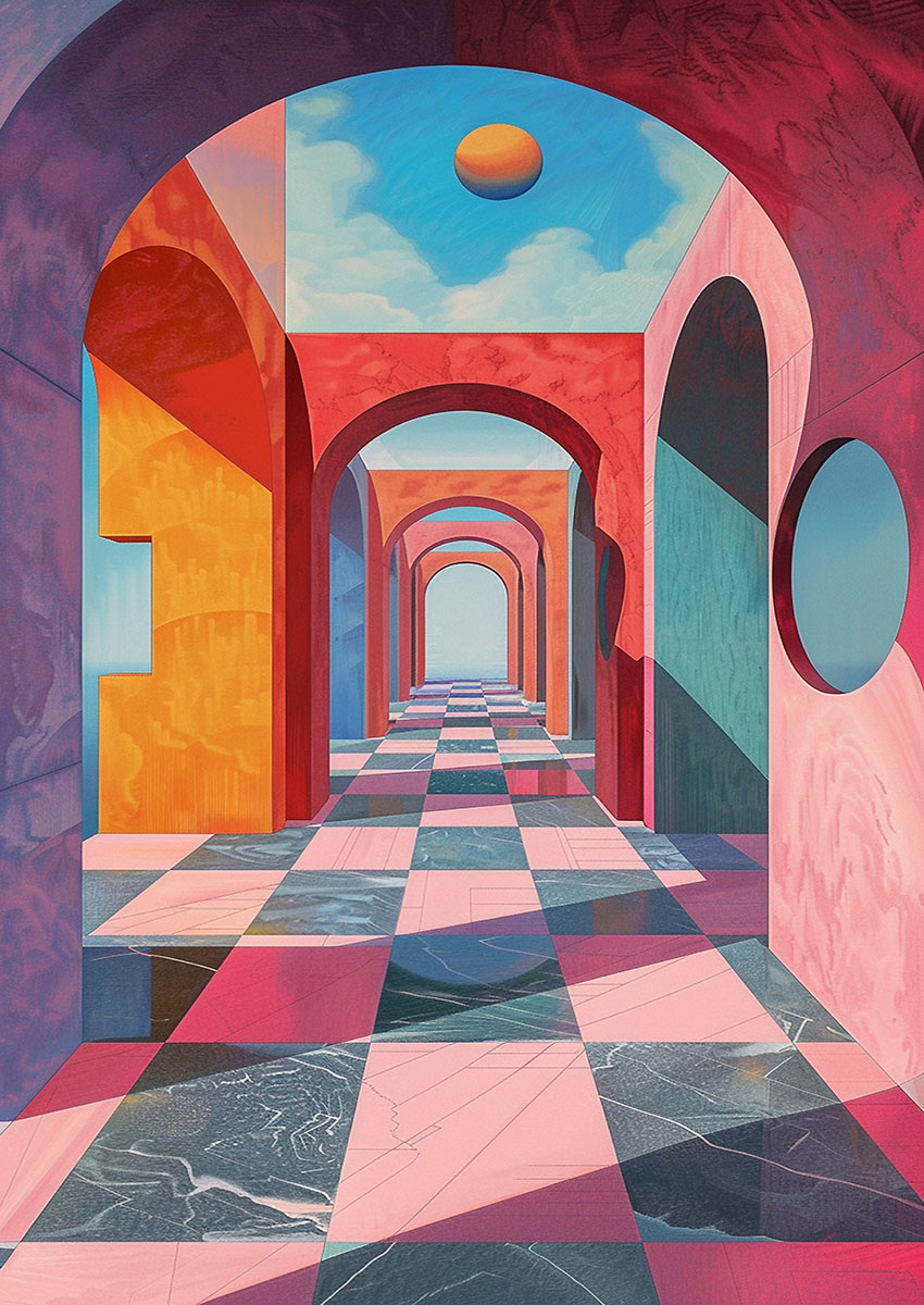 Vibrant artwork depicting an abstract architectural corridor with arches and geometric patterns.