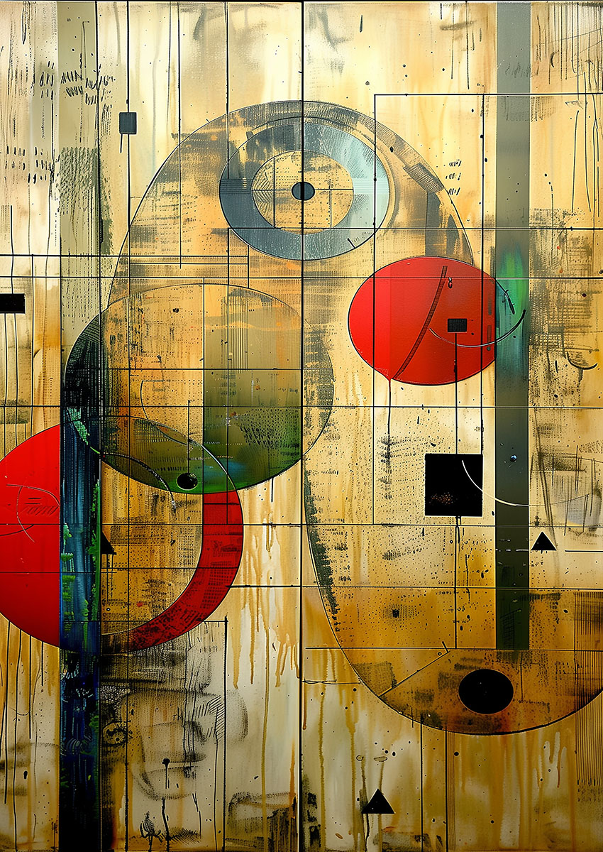Vibrant abstract geometric composition featuring circular and rectangular shapes on a textured background.
