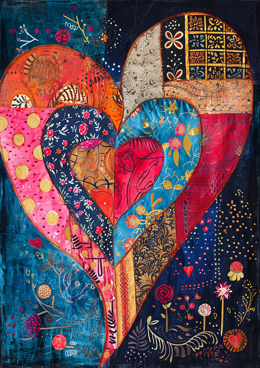 Vibrant heart pattern artwork featuring intricate designs and vivid colours.