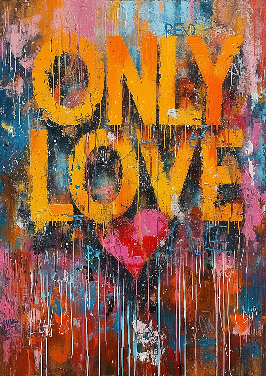 Vibrant colorful graffiti artwork featuring bold lettering and a heart design dripping with paint.