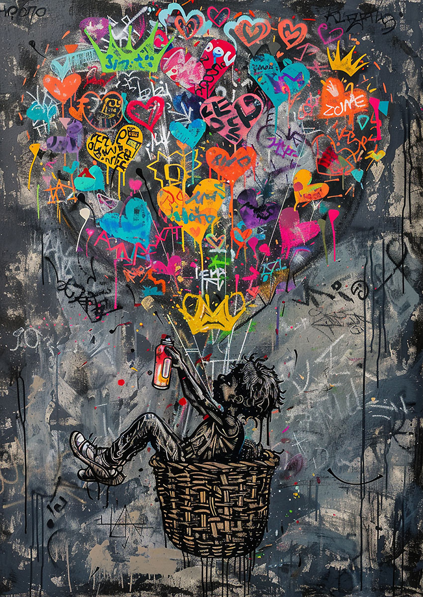 Colourful artwork of a boy in a basket holding heart balloons against a dark background.