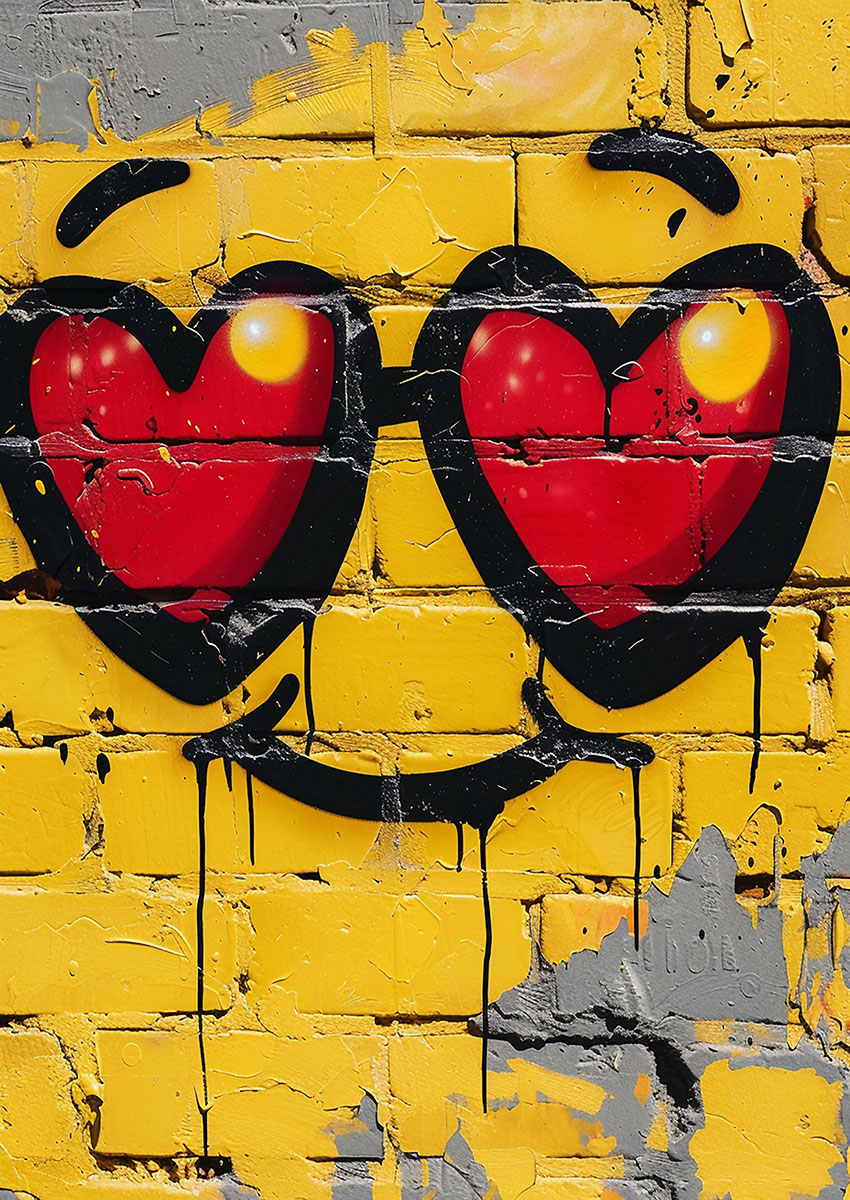 Vibrant graffiti artwork of heart-shaped sunglasses on a bright yellow wall with textured paint.