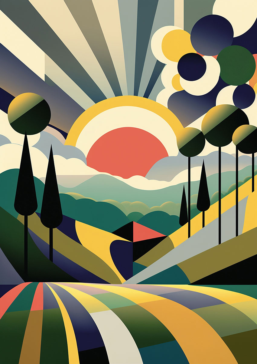 Vibrant abstract landscape artwork with geometric shapes and bold colours.