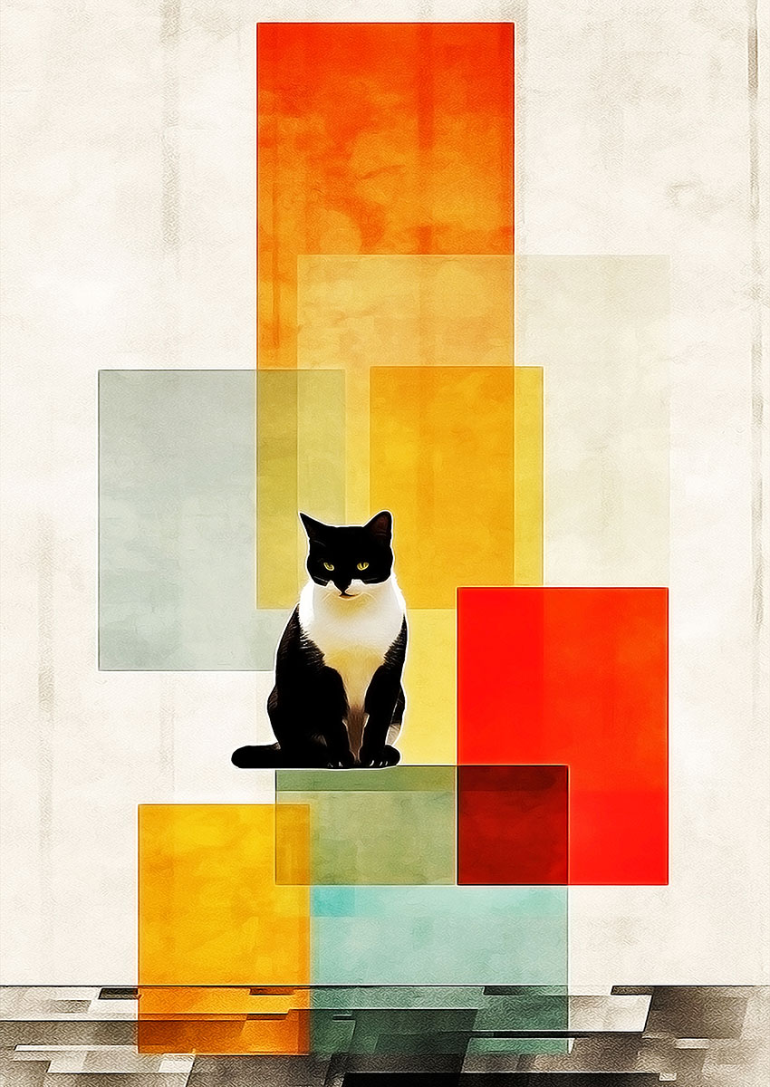 Artistic illustration of a black and white cat sitting among colourful geometric shapes.