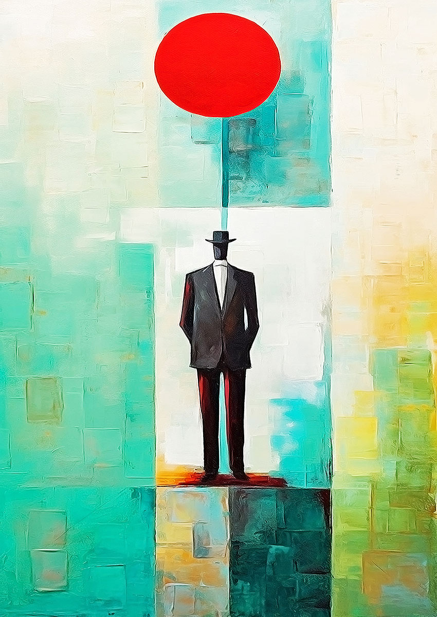 Abstract figurative artwork featuring a formal figure with a red circle against a vibrant background.