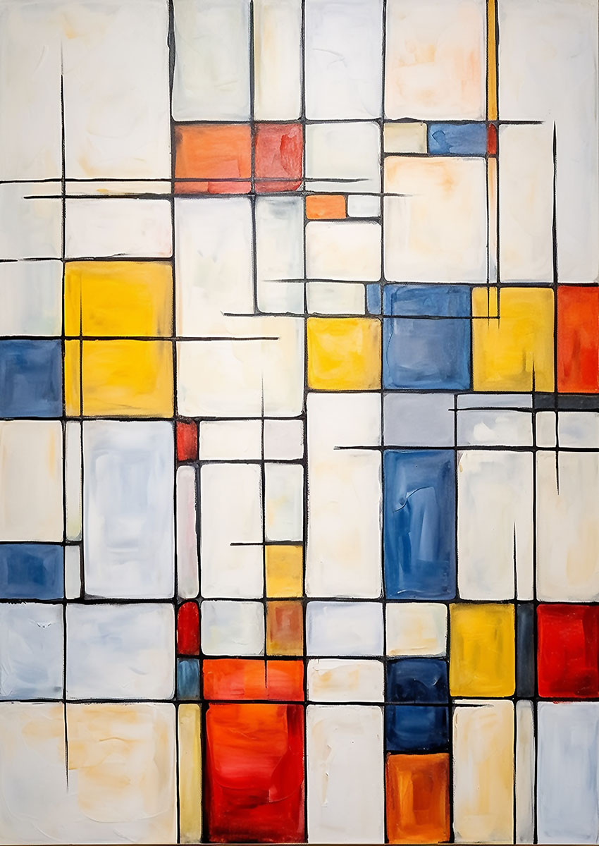 Vibrant abstract geometric composition with blocks of yellow, red, blue, and white.