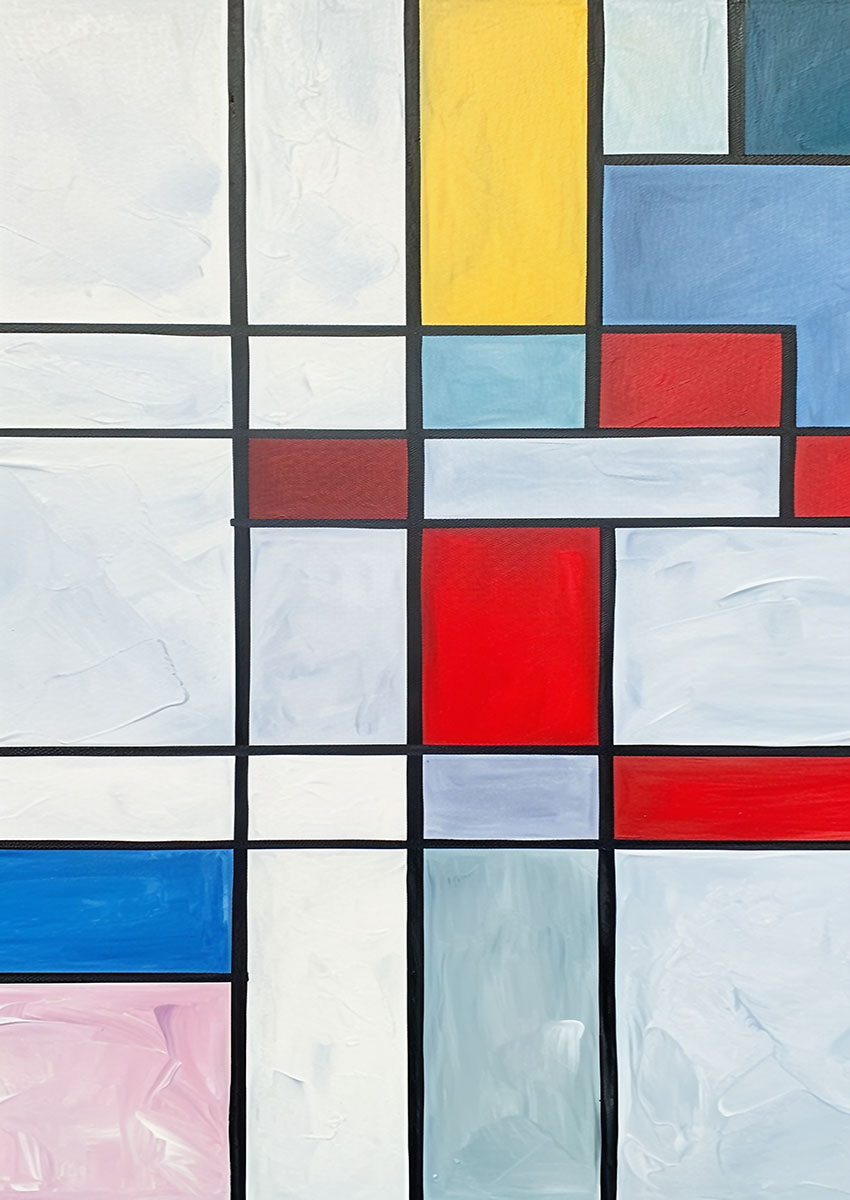 Dramatic artwork featuring an abstract geometric composition with bold colours and structured lines.