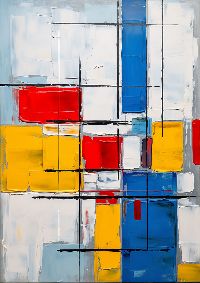 Vibrant abstract artwork featuring geometric shapes in red, blue, yellow, and white.