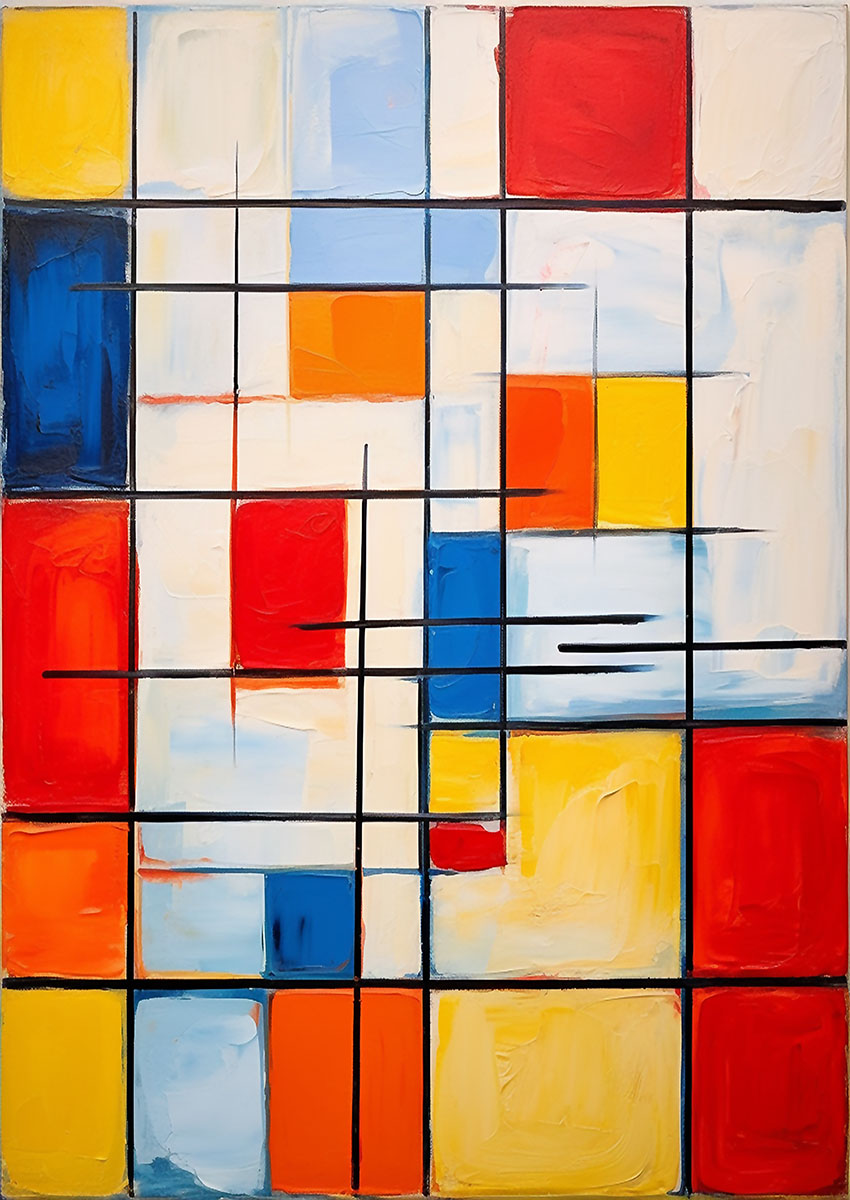 Vibrant abstract geometric artwork featuring bright colours and bold shapes in a grid layout.