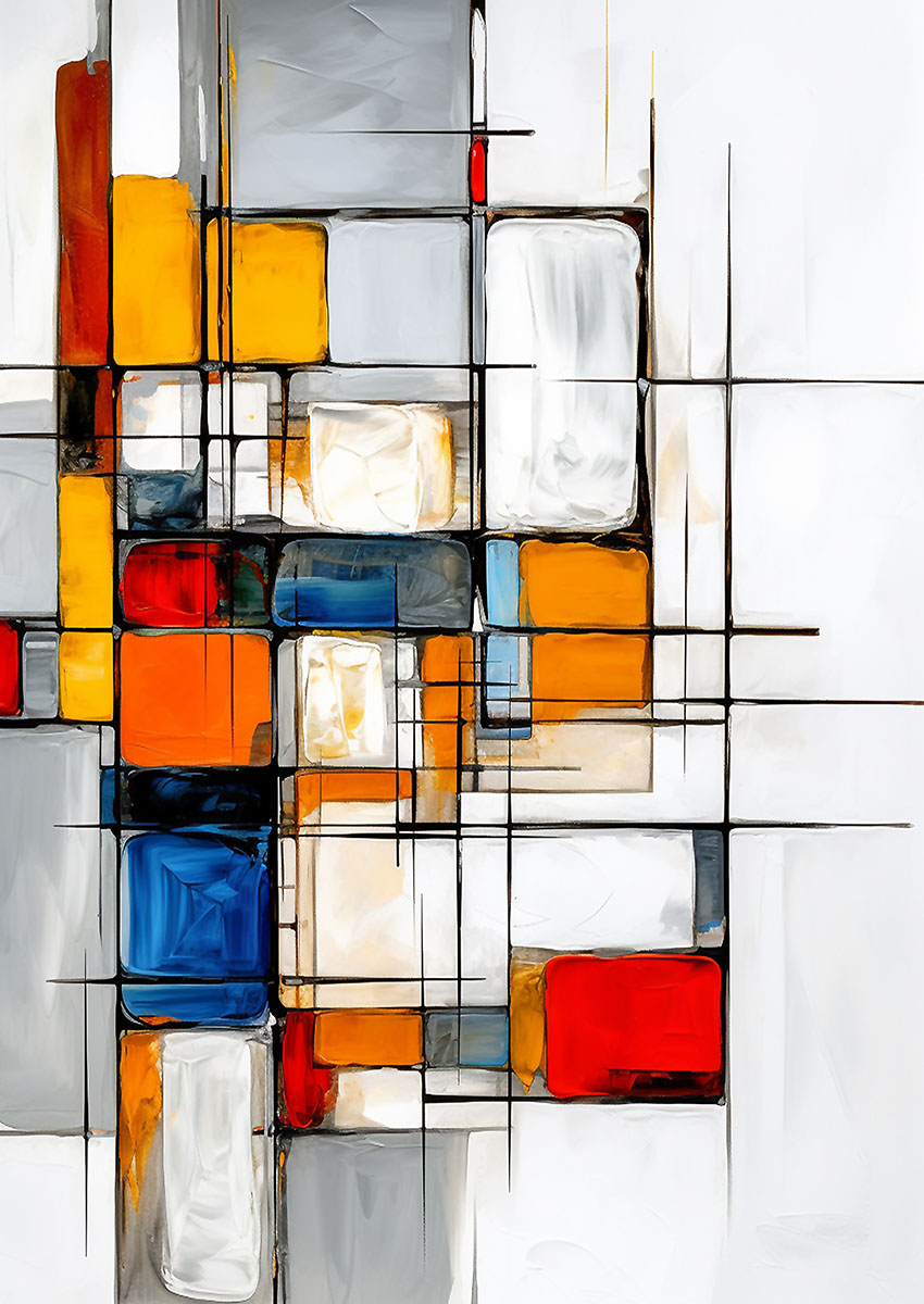 Vibrant abstract geometric composition with bold lines and colour blocks.