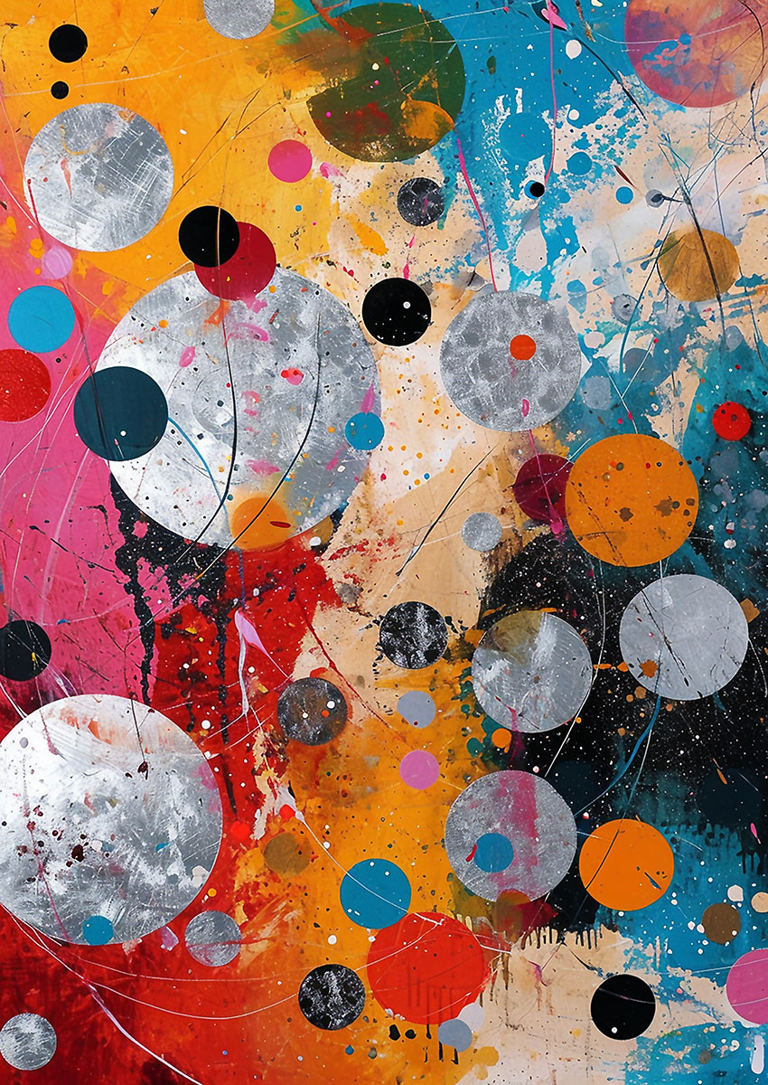 Vibrant abstract artwork featuring colourful circles in dynamic arrangement.
