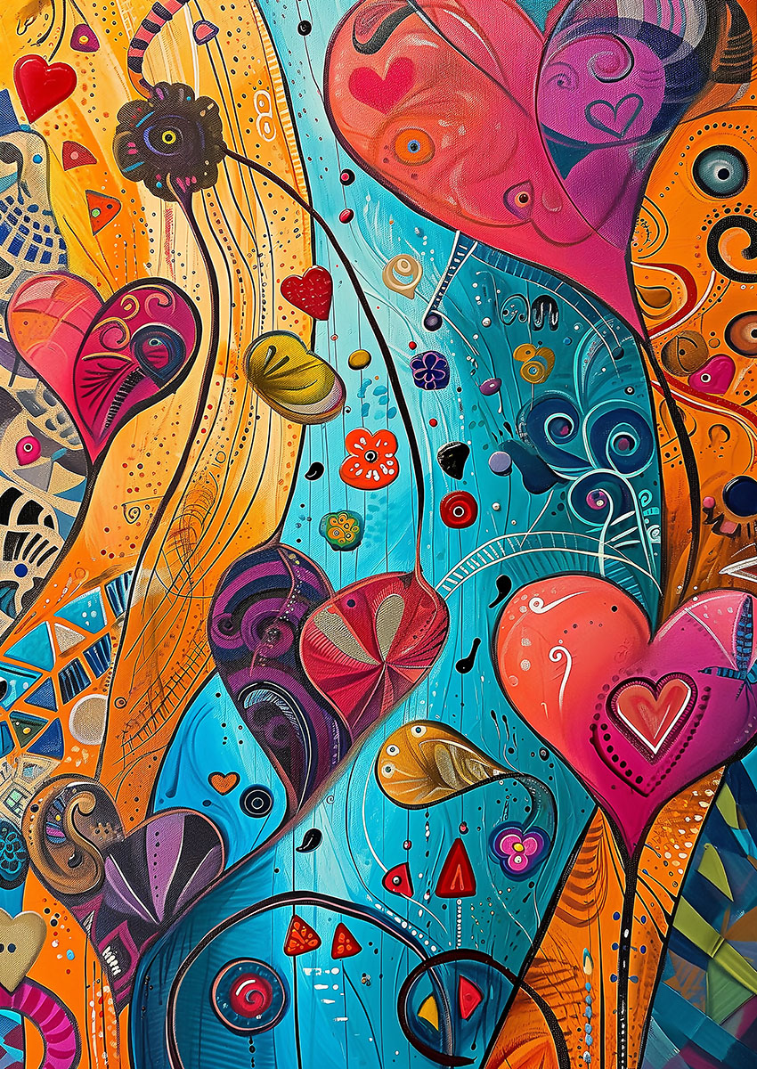 Vibrant abstract artwork featuring colourful hearts and swirls on a blue and orange background.