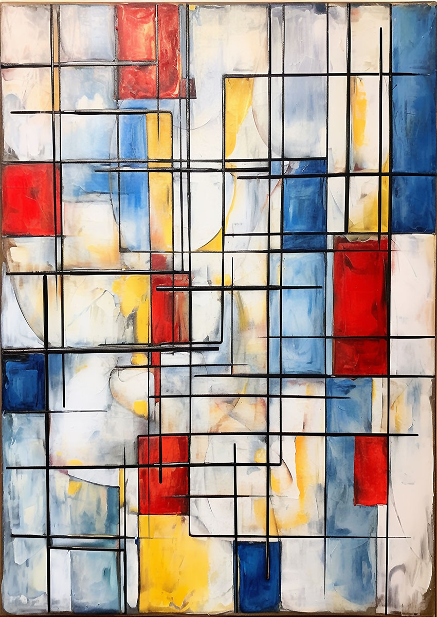 Vibrant abstract geometric artwork featuring bold colours and structured lines.