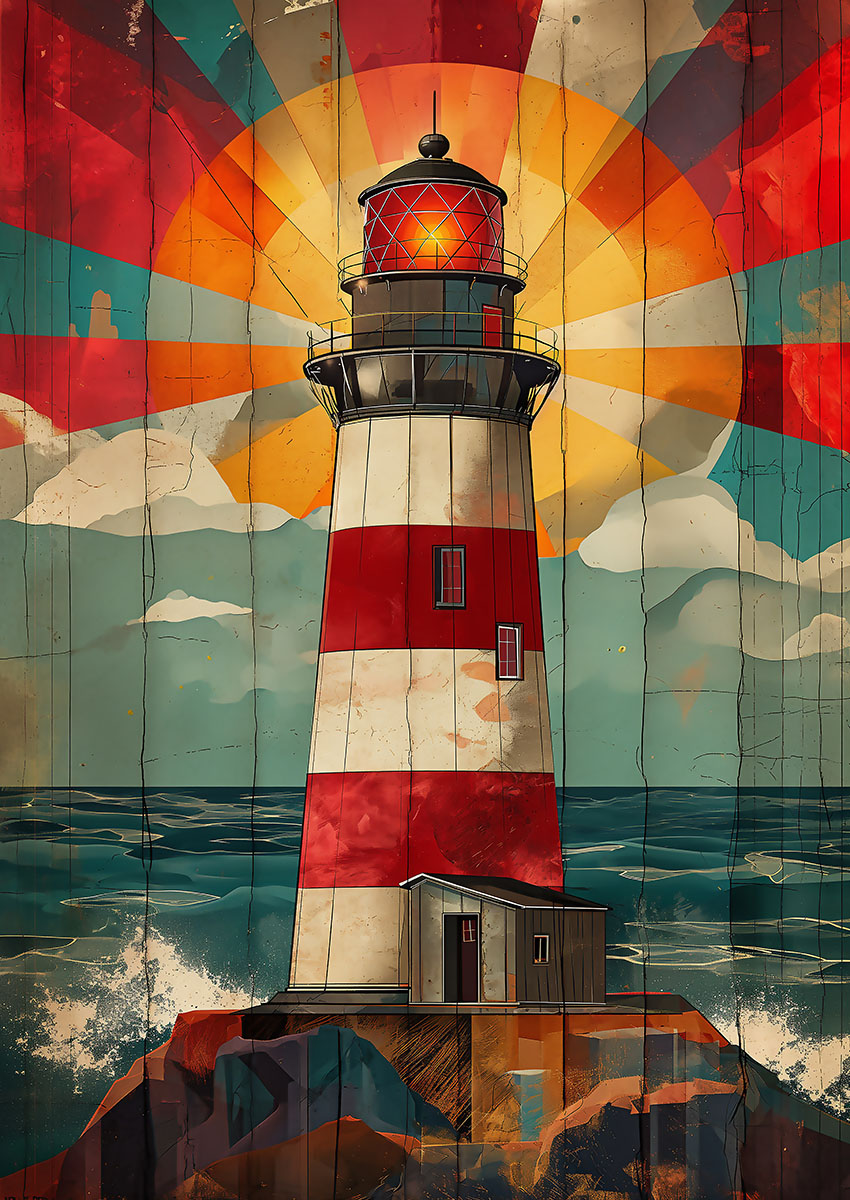 Artwork of a vibrant red and white lighthouse with a backdrop of sun rays and ocean waves.