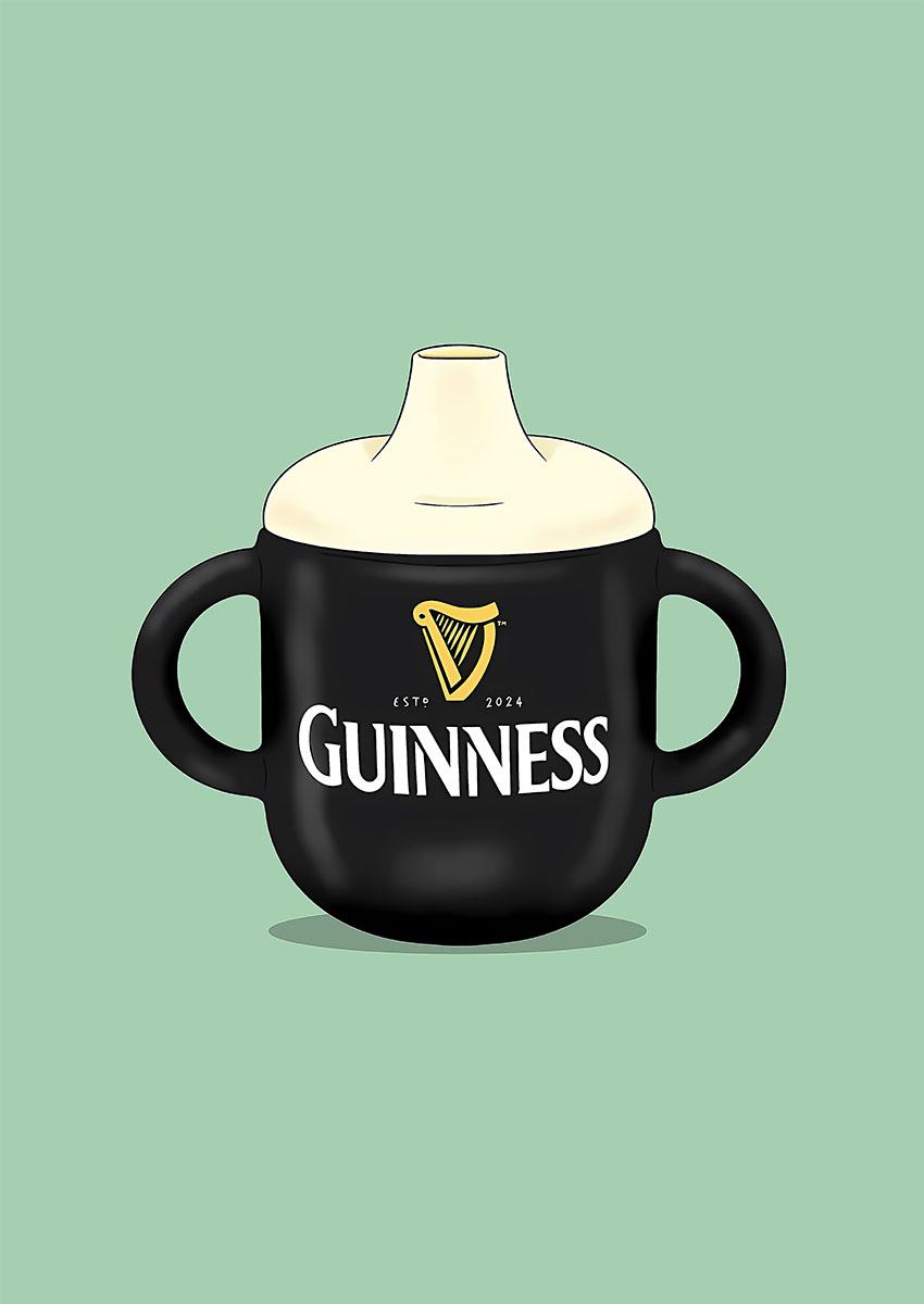 Minimalist digital artwork of a baby bottle designed with Guinness branding and a creamy white spout