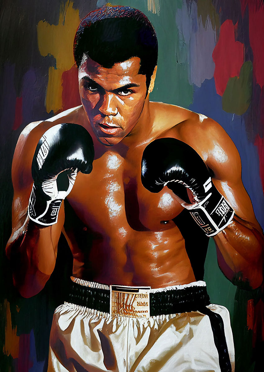 Striking artwork of a boxing fighter demonstrating strength and focus.