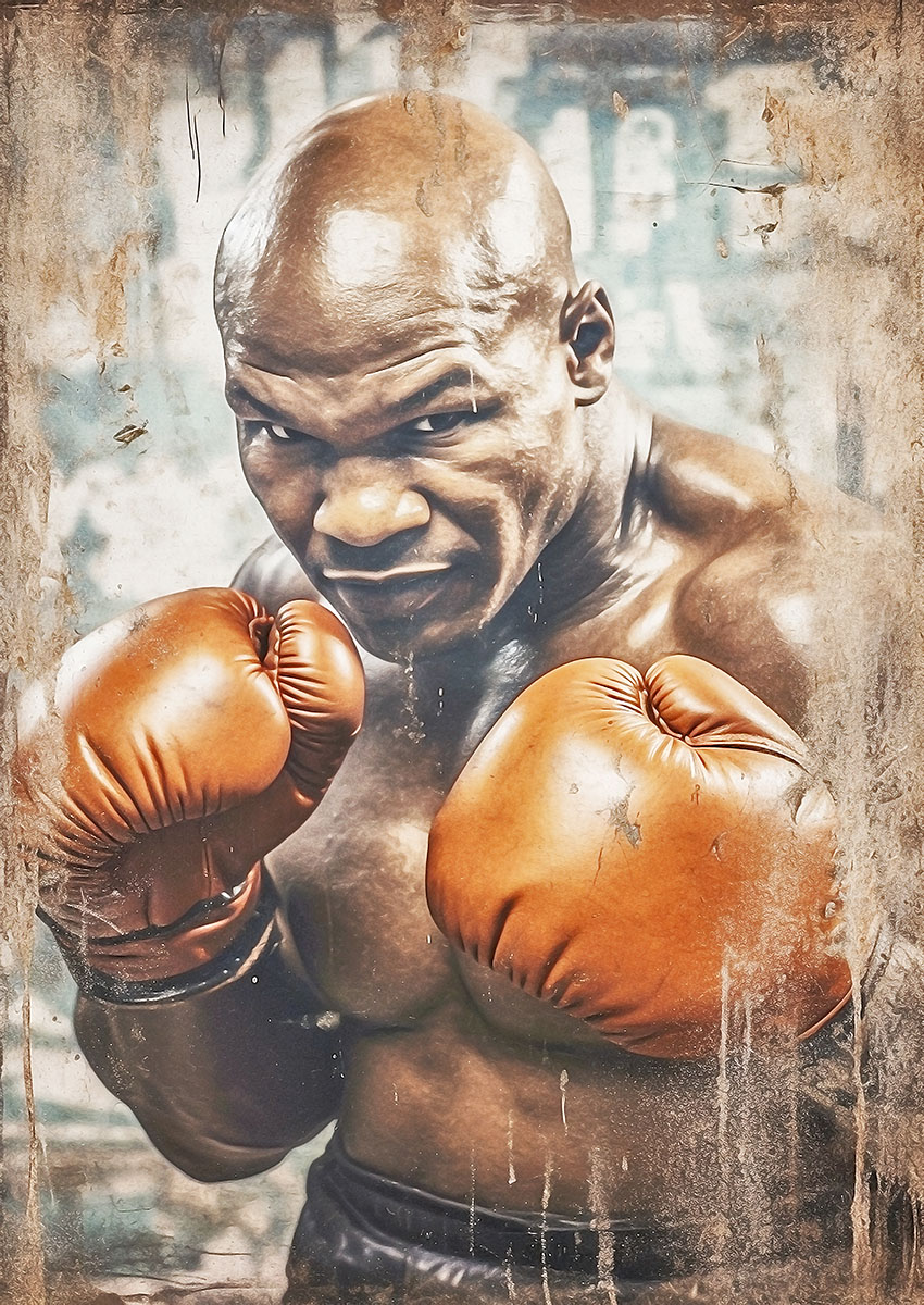 Artistic depiction of a boxer, focusing on Mike Tyson with gloves raised, in an intense pose on a textured background.