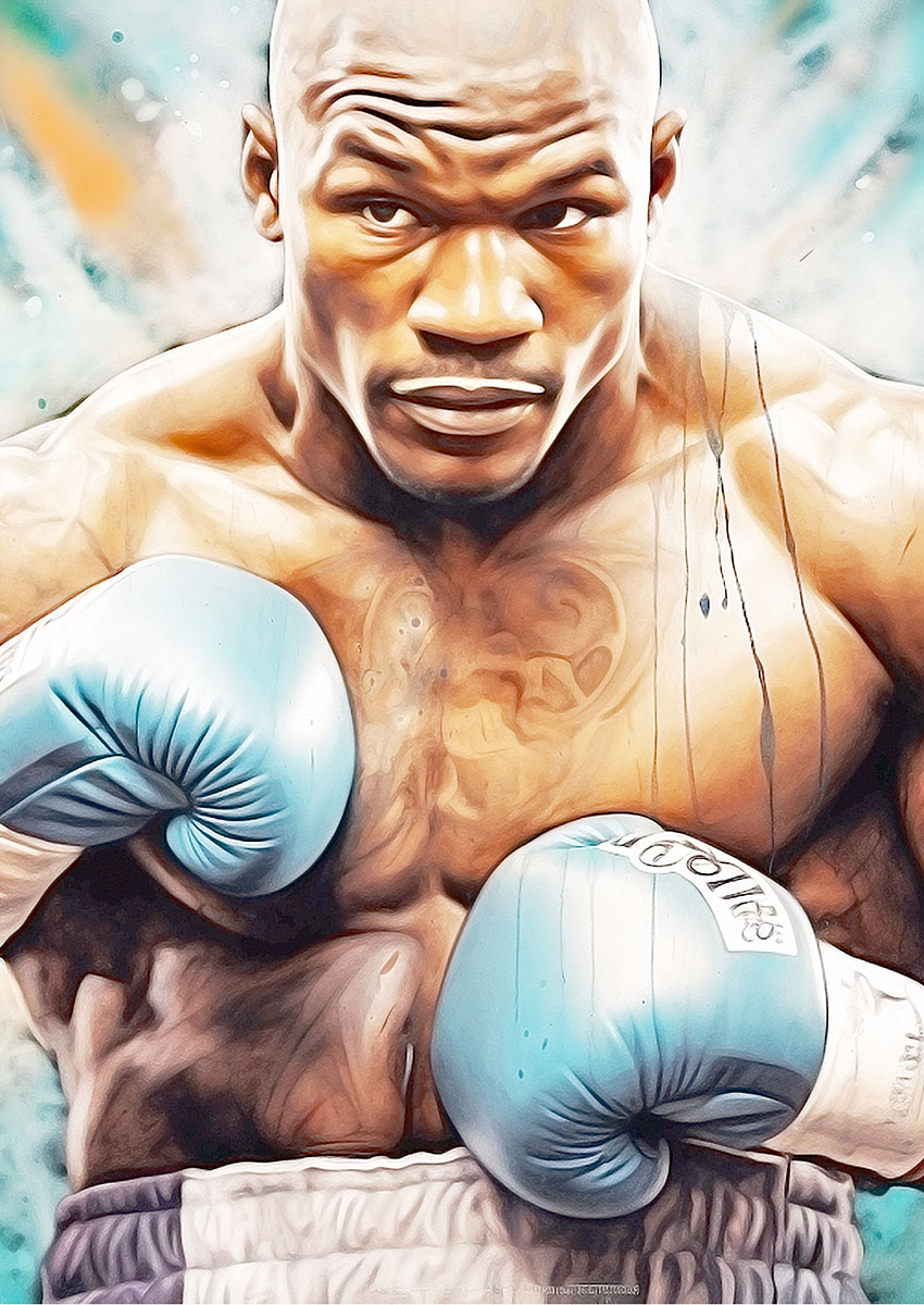 Striking portrait of a boxer preparing for a match, focusing intently with light blue gloves.