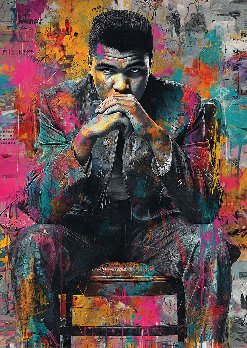 Vibrant artwork of a boxer with colourful abstract background.