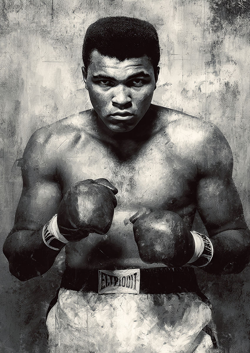 Powerful artwork of Muhammad Ali in a boxing stance, showcasing his intense expression and athleticism.