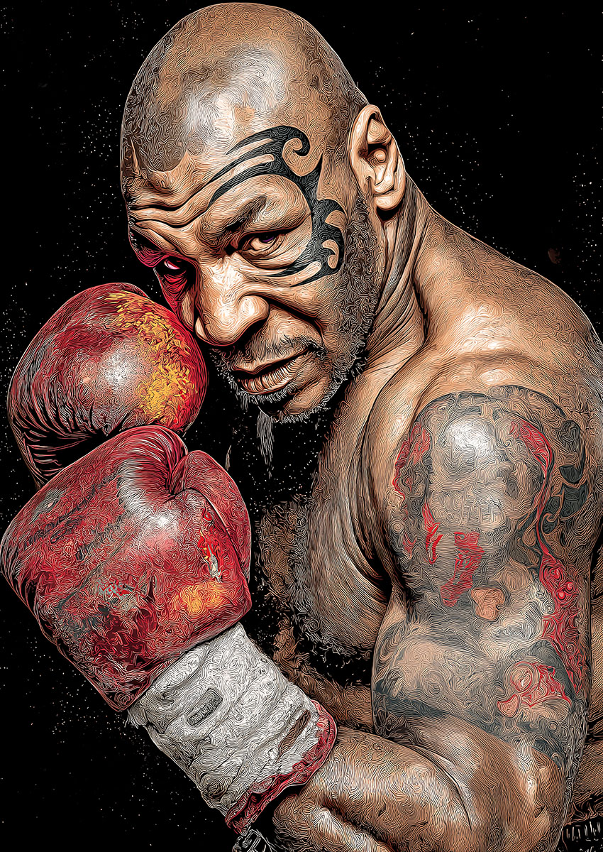 Intense artwork of Mike Tyson showcasing his powerful stance in boxing gloves.