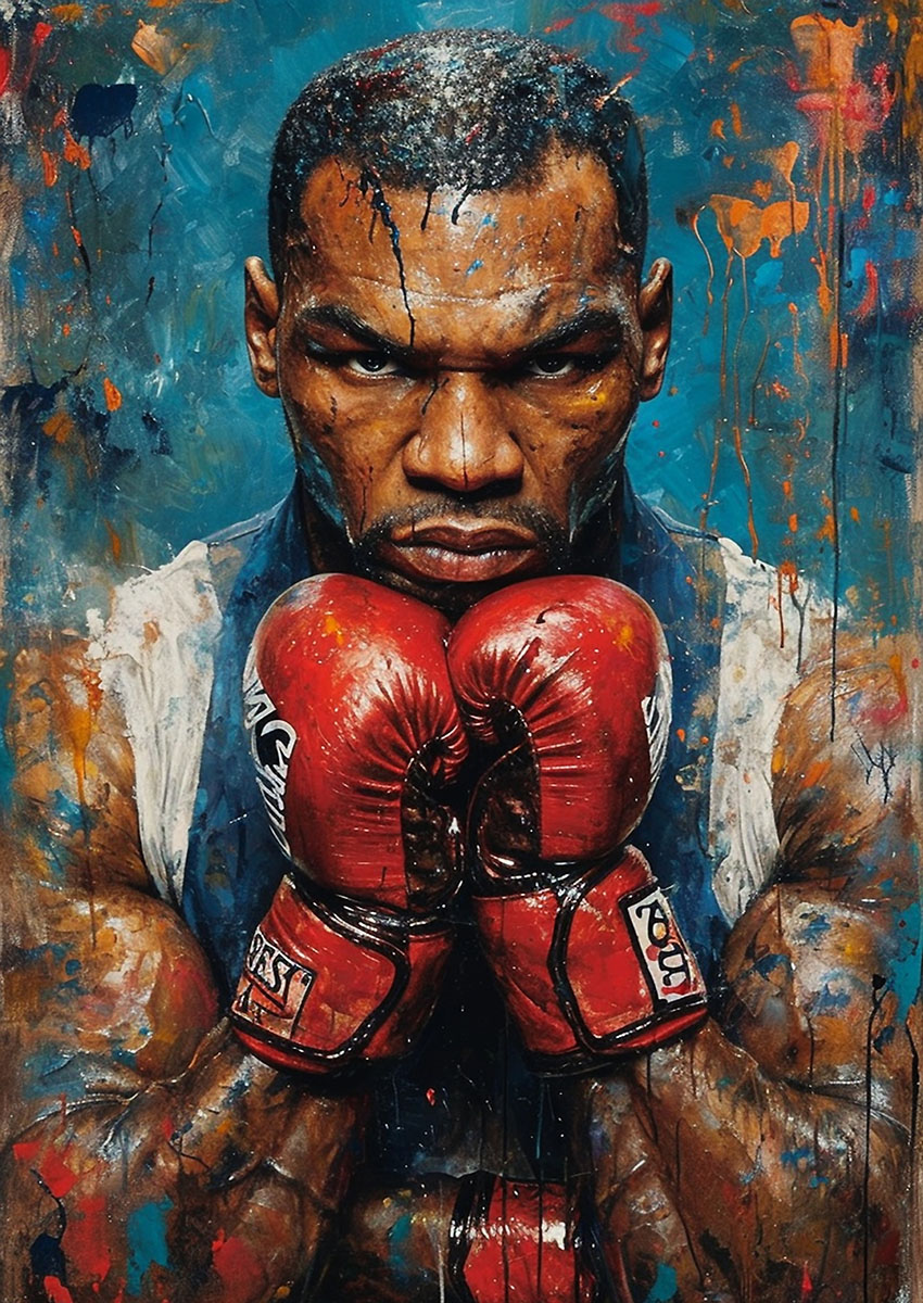 Dramatic artwork of a boxer with red gloves, set against a vibrant background.