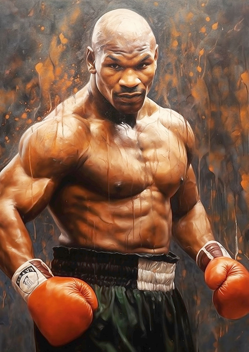 Dramatic artwork depicting a boxer with an intense expression and powerful stance