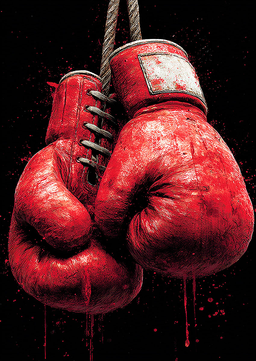 Dramatic artwork of red boxing gloves against a dark background with paint splatters.