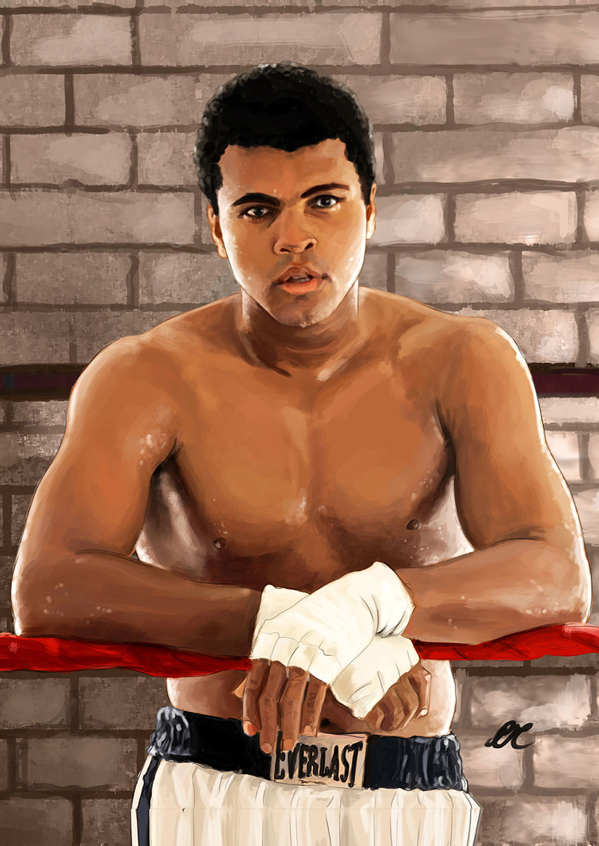 Artistic depiction of a boxer in contemplation against a brick wall.