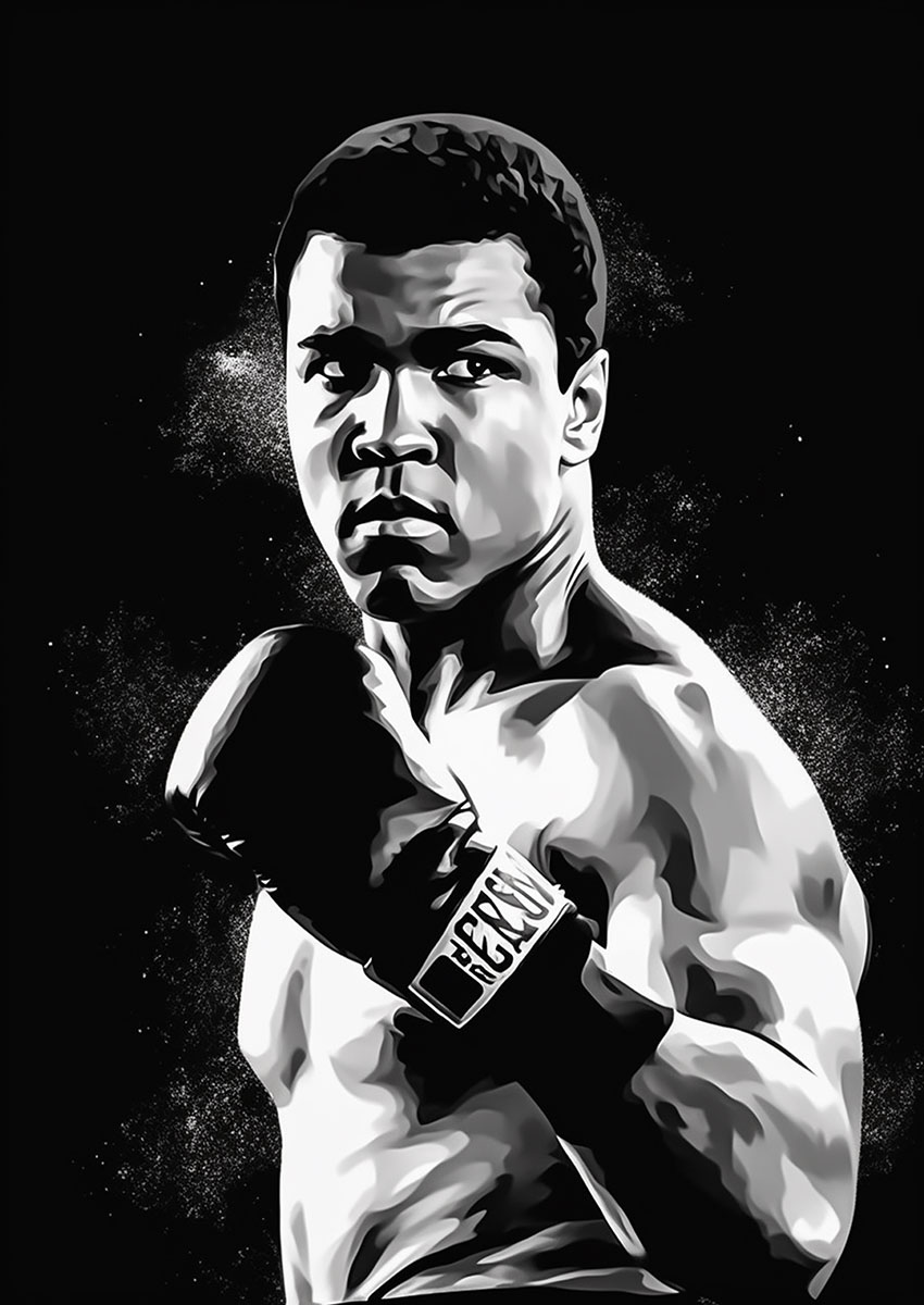 Dramatic artwork of a black and white boxer in a fighting stance against a dark background.