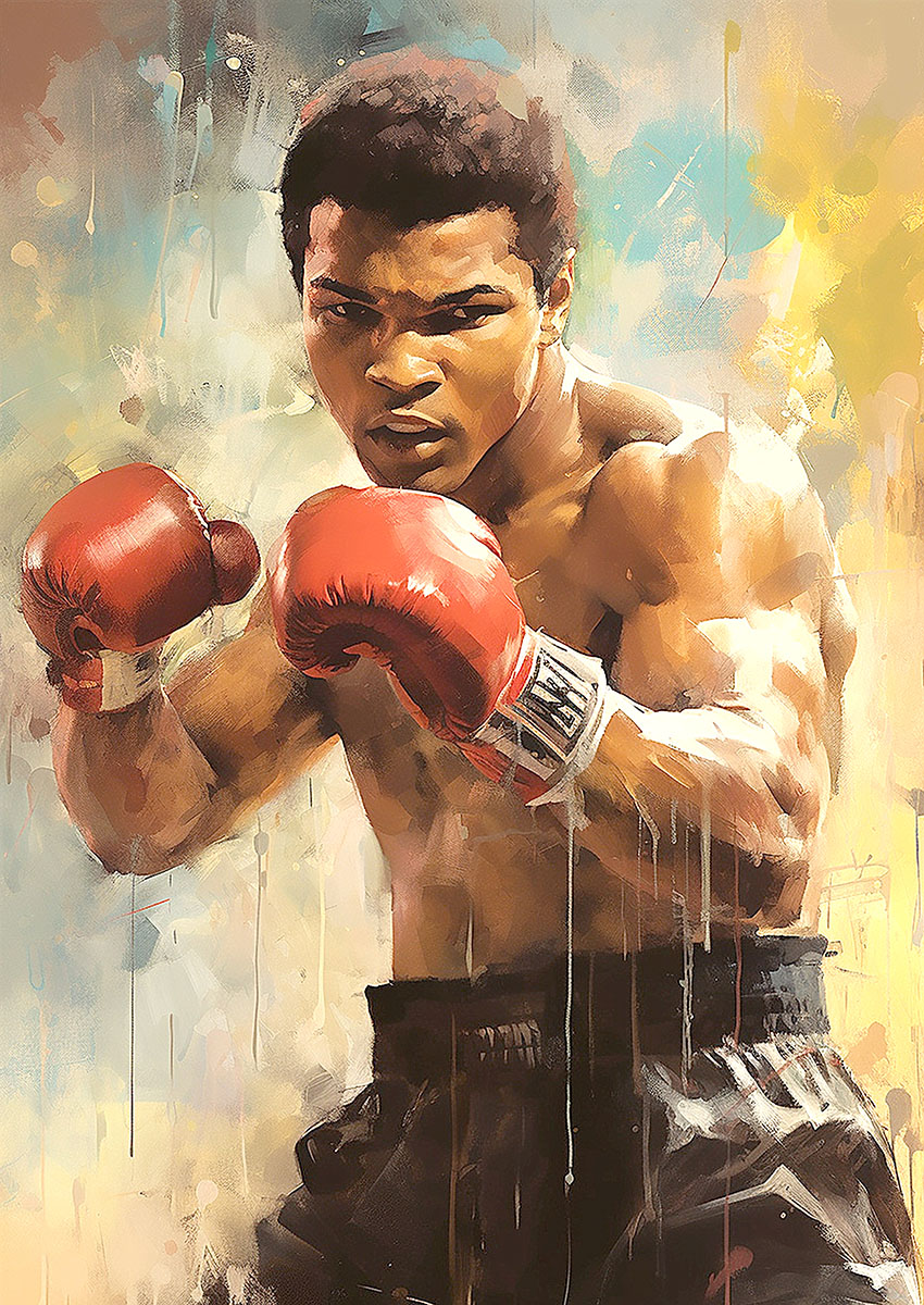 Dynamic artwork of a boxer with red gloves in an intense stance.