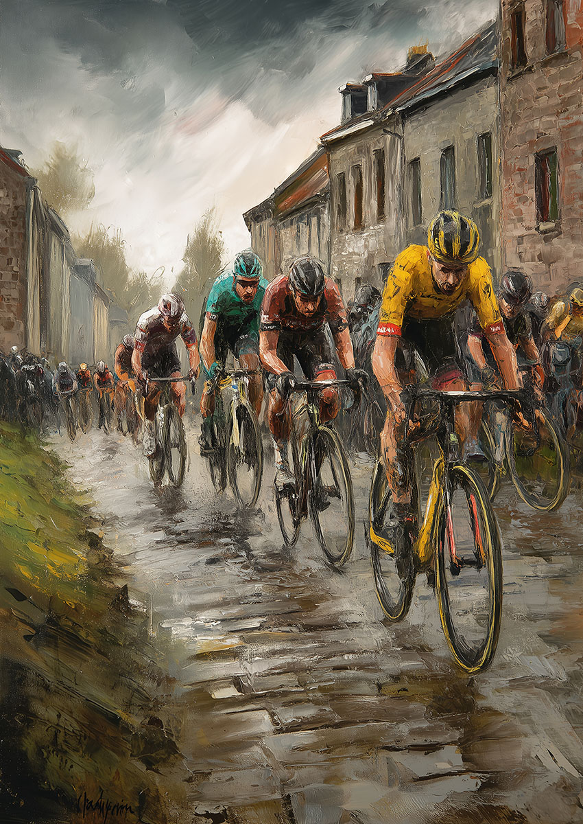 Dynamic artwork of a cycling race featuring competitors on a cobbled road