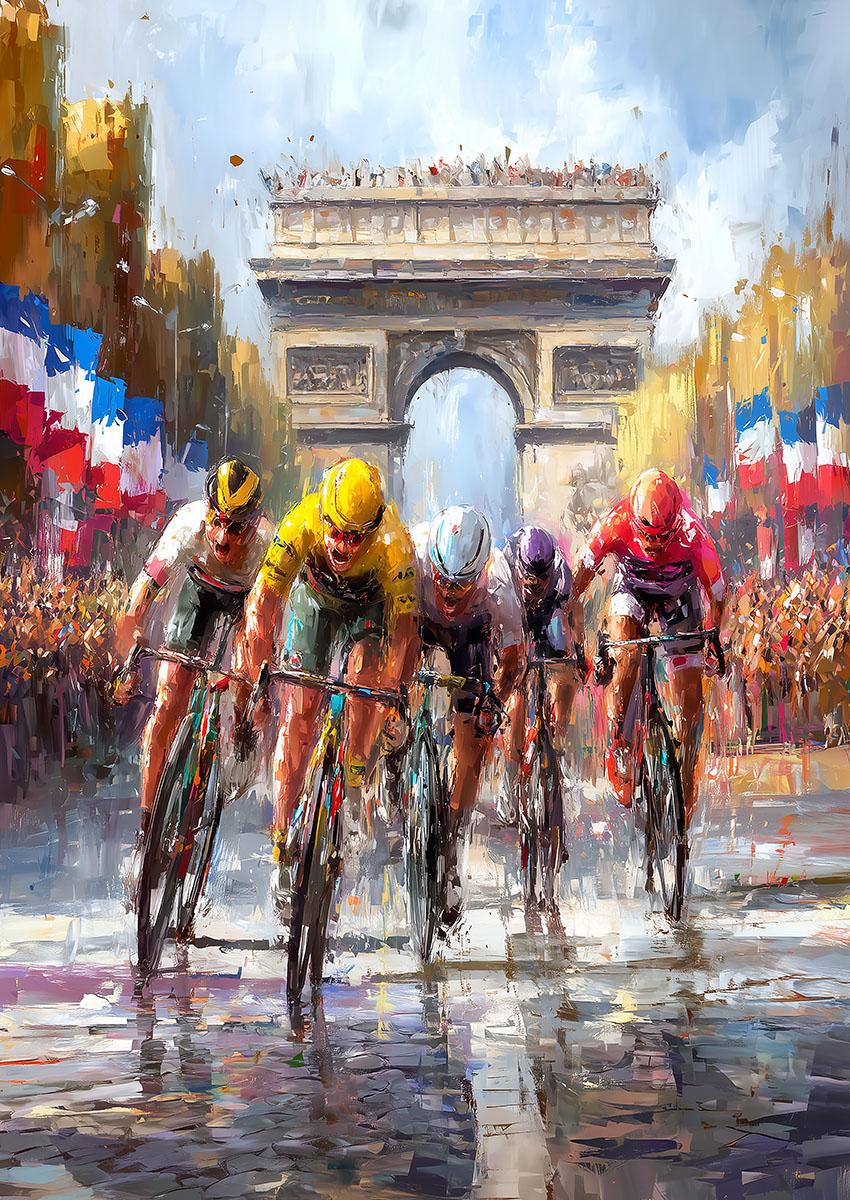 Vibrant artwork of a cycling race at the Arc de Triomphe with spectators and flags in view.