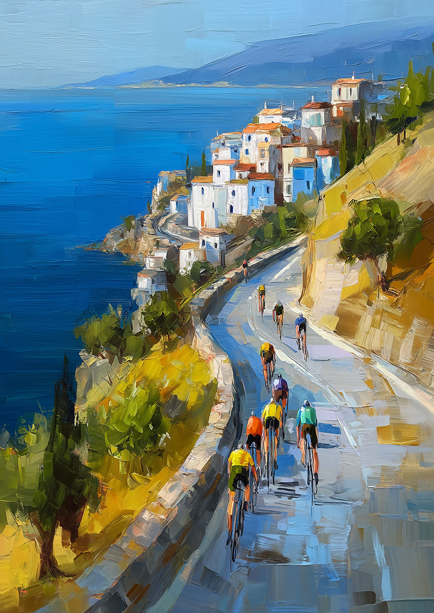Artwork depicting cyclists racing on a coastal road with ocean views and white-washed buildings.