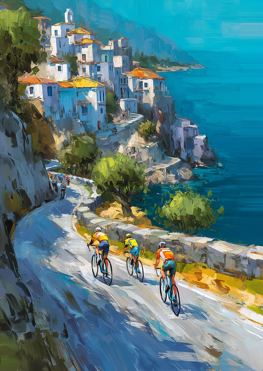 Vibrant artwork of cyclists riding along a coastal road with scenic hills and blue ocean