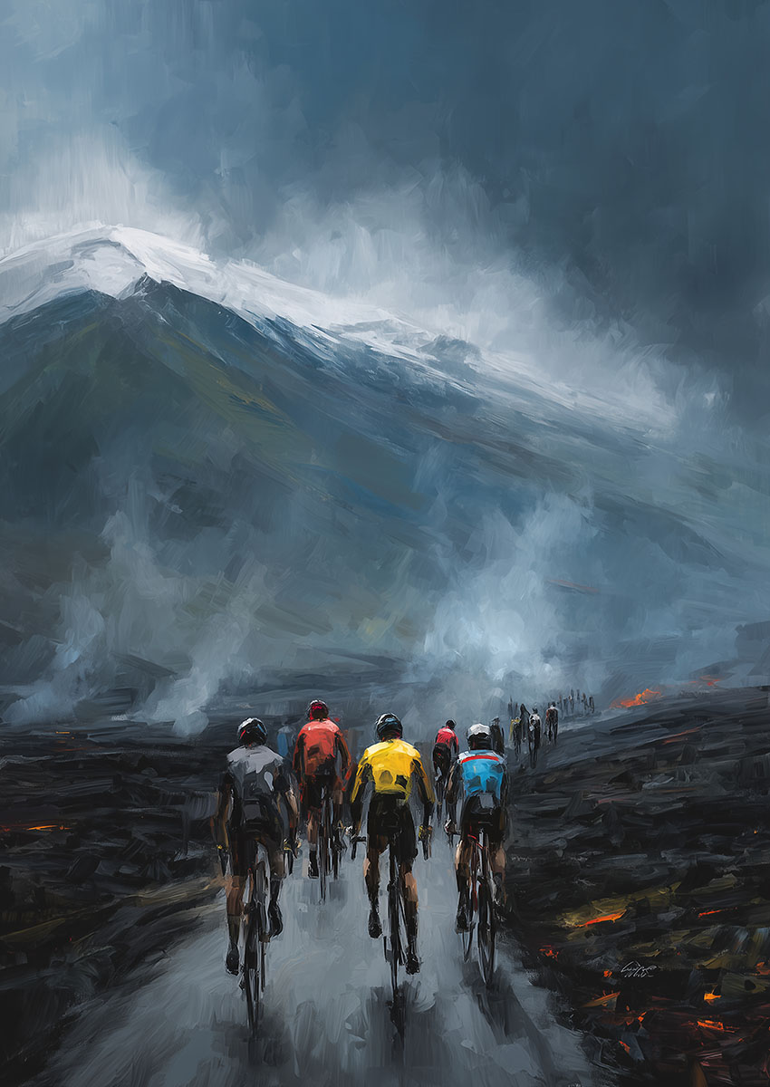 Dramatic artwork of a cycling group riding through a volcanic landscape with dark clouds overhead.
