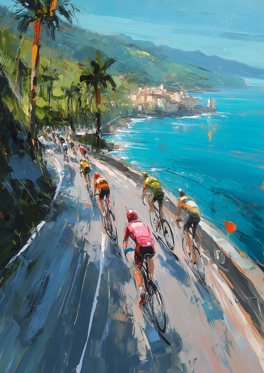 Dramatic artwork of cyclists racing along a coastal road under a vibrant sky.
