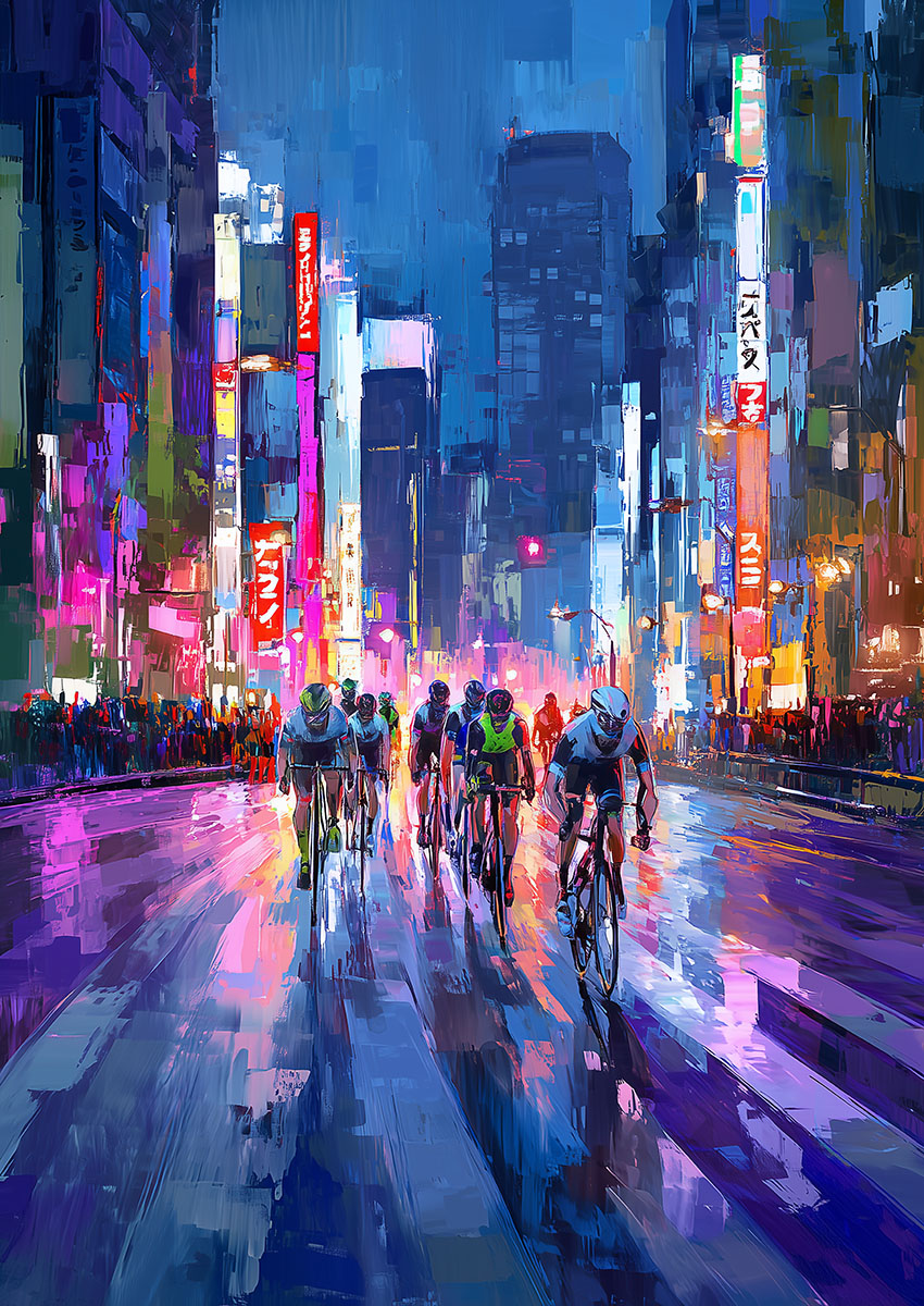Vibrant artwork of cyclists racing through a lively city at night with neon lights reflecting on wet pavement.