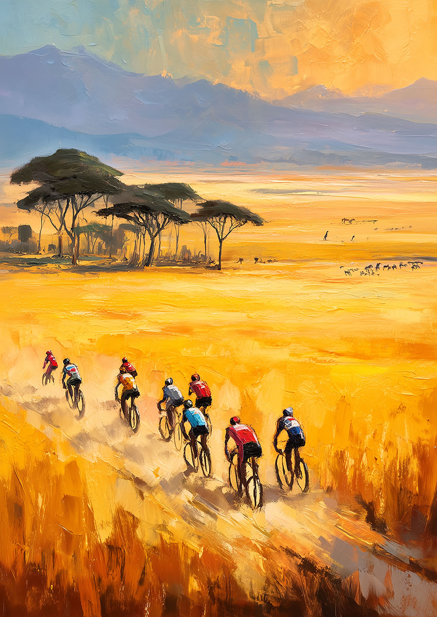 Vibrant artwork of a group of cyclists racing along a dusty path under a golden sky.