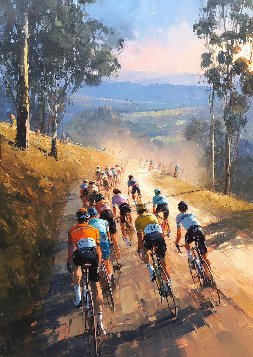 Dynamic artwork of cyclists racing through a sunlit landscape
