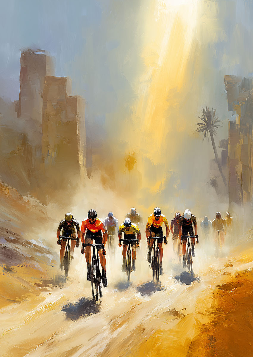 Dramatic artwork of cyclists racing through a sunlit terrain with vibrant colours.