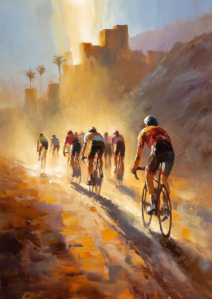 Dynamic artwork of a cycling group on a sunlit path, showcasing riders in motion.