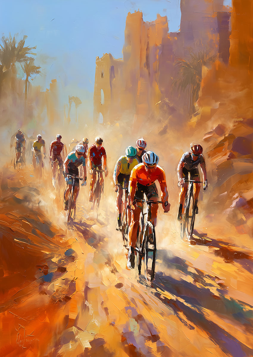 Vibrant artwork of a group of cyclists racing through a dusty landscape.