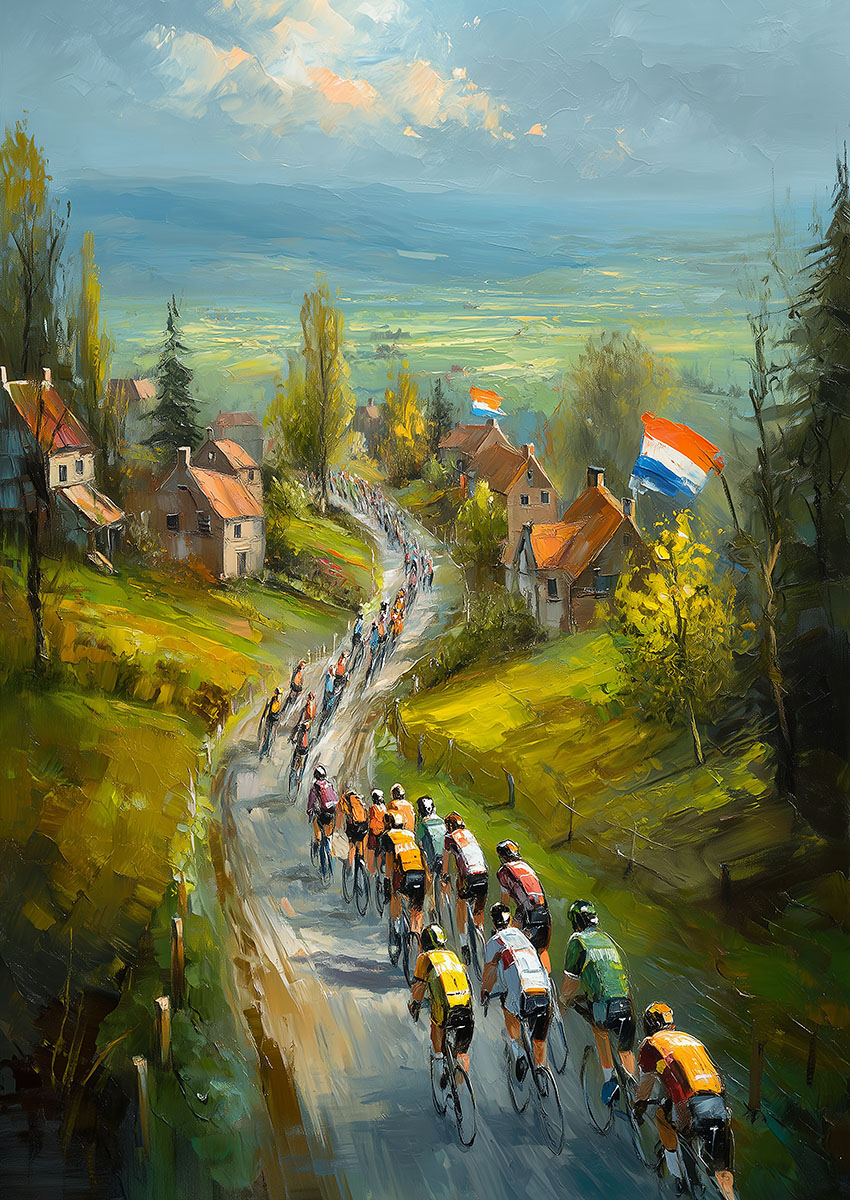 Artwork of a vibrant cycling race winding through a picturesque countryside landscape with cyclists in motion.