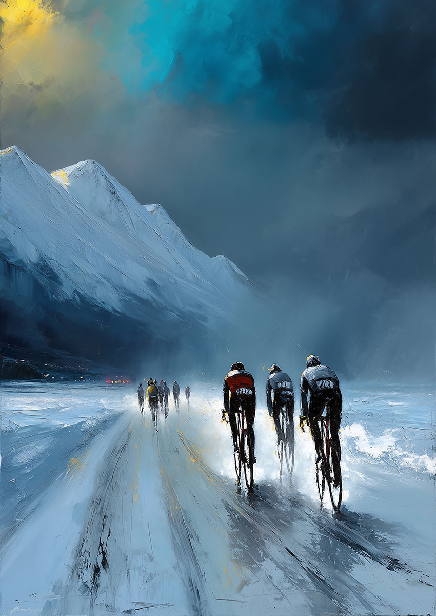 Artwork of cyclists riding through a snowy landscape with mountains in the background.